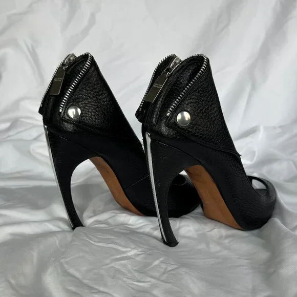 ALEXANDER MCQUEEN Faithful black leather zip biker peeptoe bootie EU37 - Picture 4 of 5